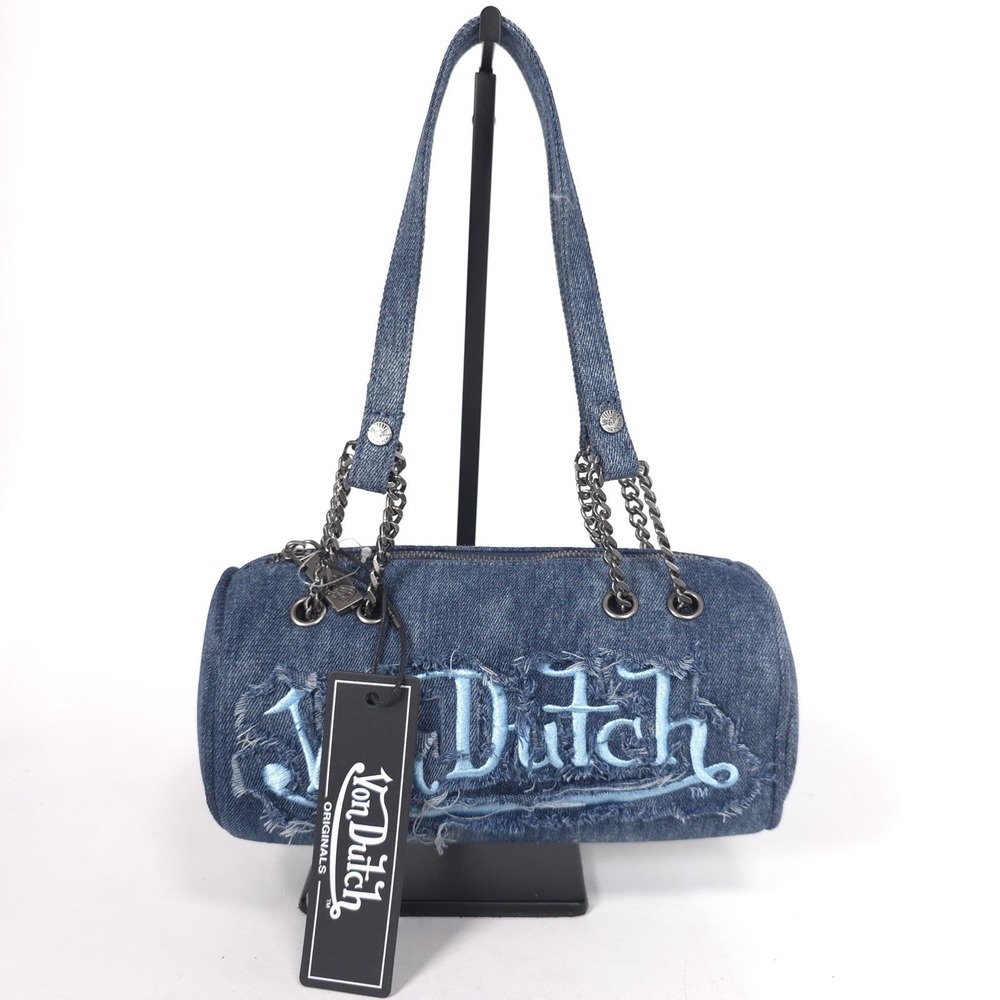 VON DUTCH Women New Shoulder Long Barrel Bag Chain Denim Purse Handbag